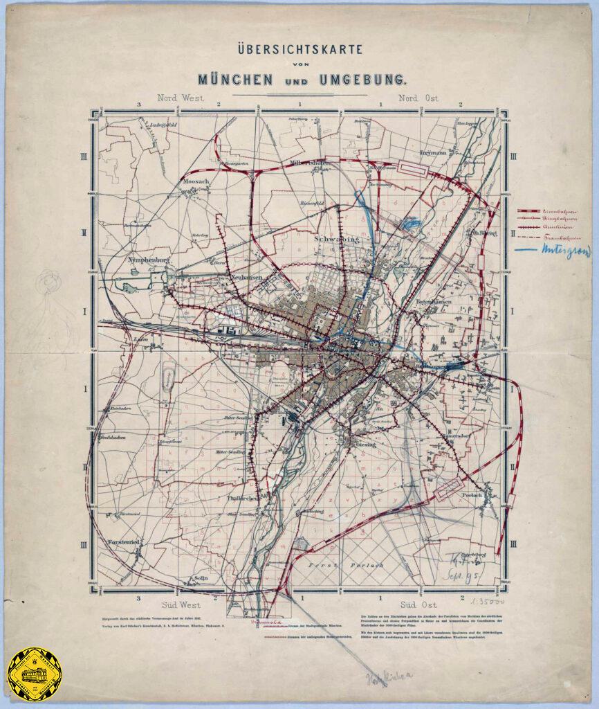Ein sehr interessantes Dokument ist die Streckenplanung für Eisenbahn und Trambahn in und um München aus dem Jahr 1895. Es sind schon Planungen einer Strecke vom Hauptbahnhof zu Romanplatz (1938 verwirklicht) und hellblau vermerkt eine Untergrundbahn vom Hauptbahnhof zum Ostbahnhof (1972 in Betrieb genommen) bzw. Haidhausen und auch nach Milbertshofen.