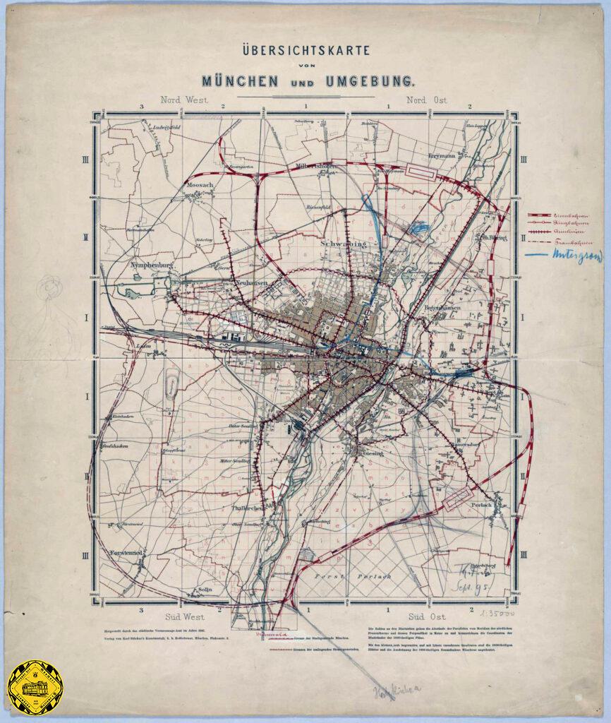 Ein sehr interessantes Dokument ist die Streckenplanung für Eisenbahn und Trambahn in und um München aus dem Jahr 1895. Es sind schon Planungen einer Strecke vom Hauptbahnhof zu Romanplatz (1938 verwirklicht) und hellblau vermerkt eine Untergrundbahn vom Hauptbahnhof zum Ostbahnhof (1972 in Betrieb genommen) bzw. Haidhausen  und auch nach Milbertshofen.