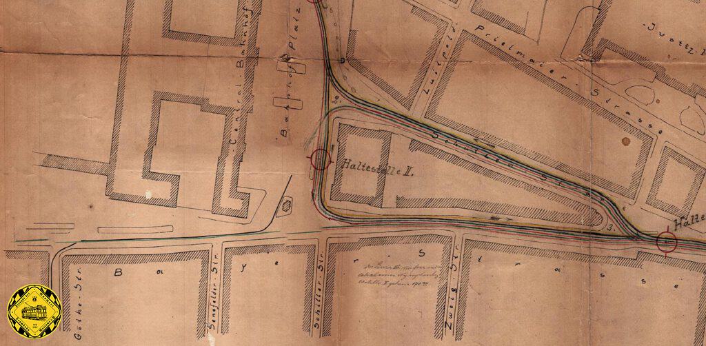 Der Gleisplan des Hauptbahnhofs 1901 zeigt neue Planungen einer Entlastungsstrecke für die überlastete Bayerstraße durch die Schützenstraße. Bis 1904 wurde hier heftig geplant. 