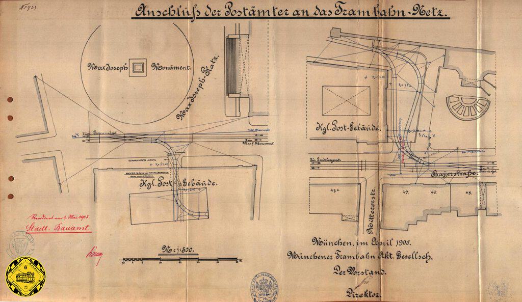 Im Jahr 1905 kommen neue ungewohnte Gäste auf den Bahnhofsplatz und die Strecke auf der Bayerstraße: die Hauptpost an der Residenz und die Bayerpost bekommen Gleisanschlüsse für eine erste Posttrambahn mit Einzeltriebwagen. Der Posttrambahnverkehr wird dann gut 20 Jahre später deutlich ausgebaut.