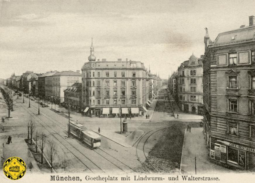 Diese Postkarte von 1908 zeigt gut die kurze Verbindungsstrecke für Trambahnwagen zum Betriebshof in der Schäftlarnstraße.