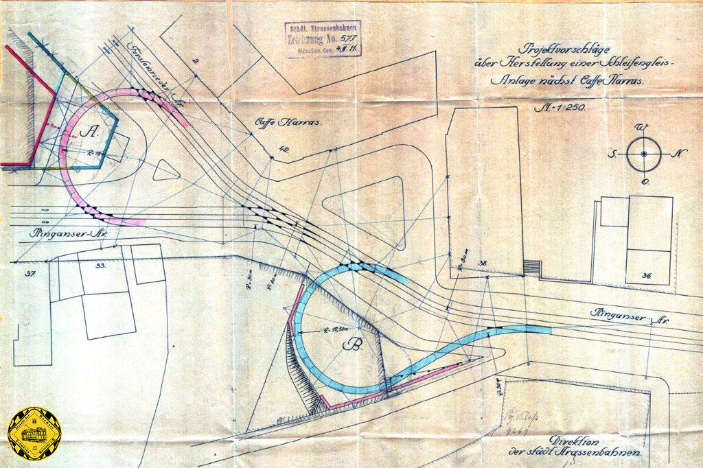 Um einen reibungslosen Betriebsablauf mit dem Triebwagen und Beiwagen am Harras zu garantieren, beginnen ab 1908 schon Planungen für eine Schleife. 1910 entsteht dieser Plan mit zwei Vorschlägen, die jedoch beide nicht so richtig überzeugen. Allerdings wird es noch etwas dauern, wie bei der Münchner Trambahnplanung damals schon, bis die neue Schleife kommt.