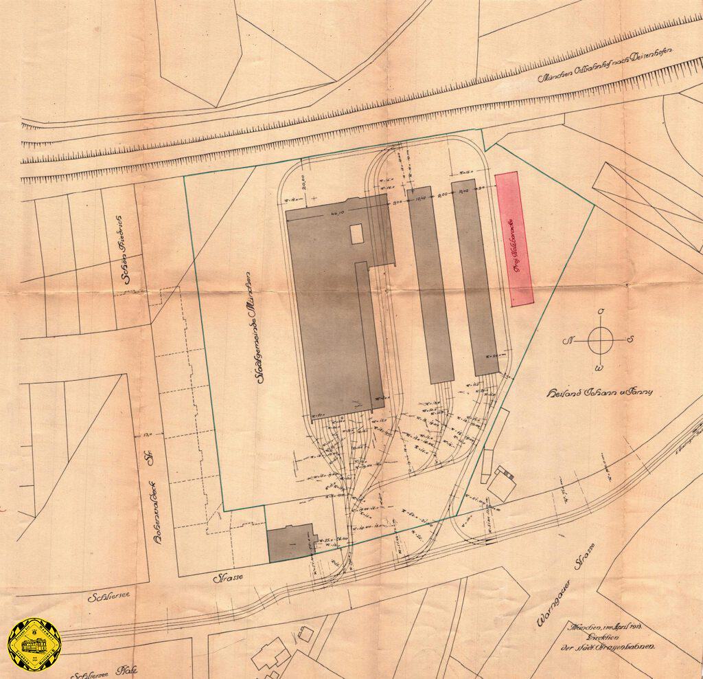 Unser Gleisplan zeigt den frisch erbauten Betriebshof und rot eingezeichnet den Holzschuppen, den man aus der Barthstraße übersiedelte.