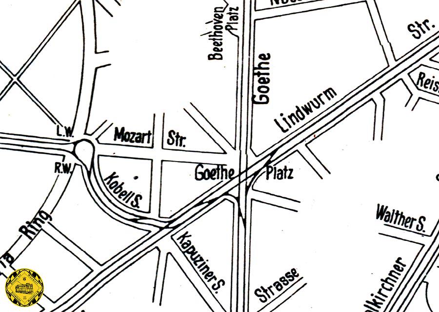 Die Verbindung auf unserem Streckenplan vom der Häberlstraße zur Lindwurmstraße wurde am 18.8.1897 in Betrieb genommen. Darüber konnte man mit einer weiteren Zubringerstrecke von der Kapuzinerstraße über die Maistraße (später aufgelassen und 1912/1913 mit dem "Tröpferlbad" bebaut) den Betriebshof 1 in der Schäftlarnstraße erreichen.