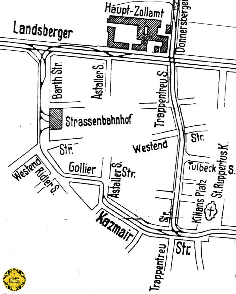 Dieser Gleisplan aus dem Jahr 1920 zeigt die Strecken der damaligen Zeit: über die Donnersbergerbrücke über die Trappentreustraße ging die Nord-Süd-Achse. Die Ost-Westachse ging durch die Landsbergerstraße und dazwischen lag der betriebshof 2 der Trambahn, der nur eingleisig angebunden war, einmal von der Gollierstraße und einmal von der Landsbergerstraße.
