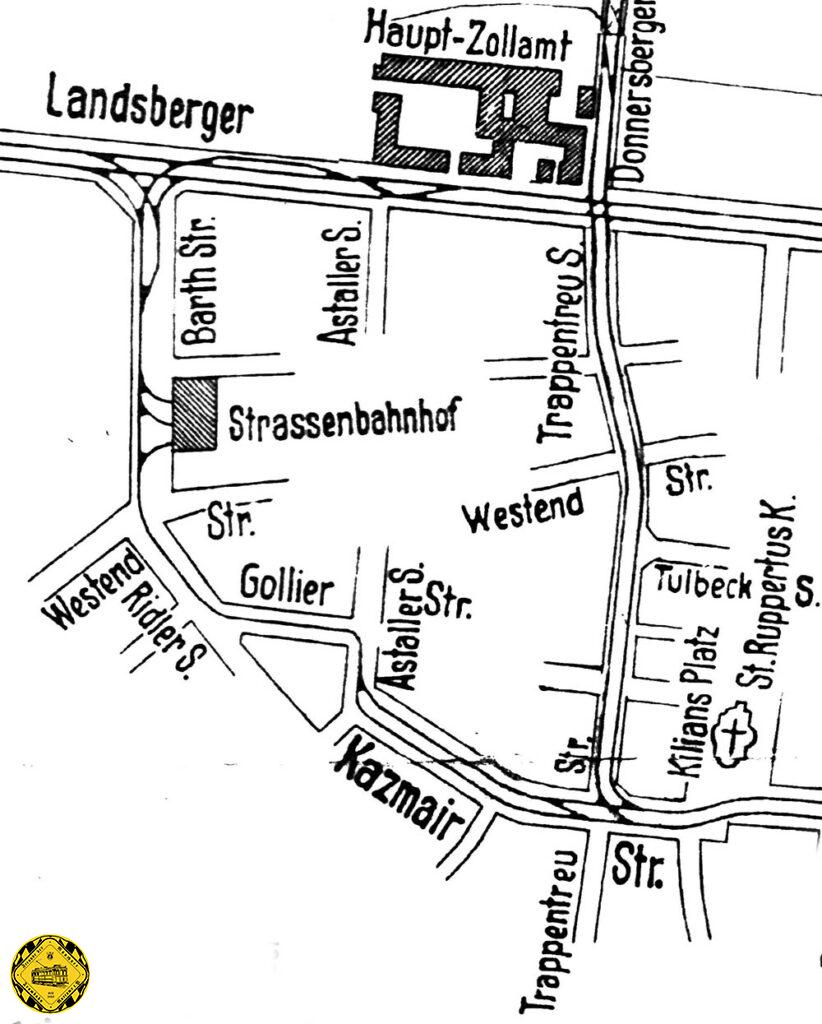 Dieser Gleisplan aus dem Jahr 1920 zeigt die Strecken der damaligen Zeit: über die Donnersbergerbrücke über die Trappentreustraße ging die Nord-Süd-Achse. Die Ost-Westachse ging durch die Landsbergerstraße und dazwischen lag der betriebshof 2 der Trambahn, der nur eingleisig angebunden war, einmal von der Gollierstraße und einmal von der Landsbergerstraße. 