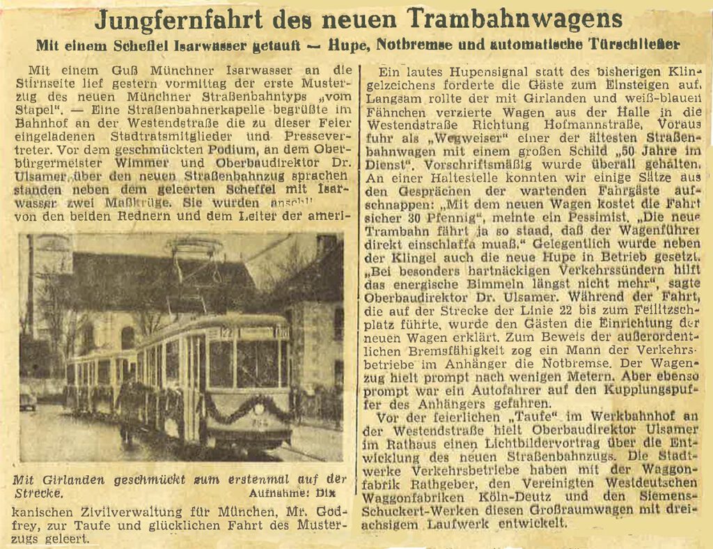 Am 13. März 1950 wurde nach der Taufe im Betriebshof Westendstraße der nagelneue M-Wagen 764 am Harras in der Plinganserstraße vorgestellt.