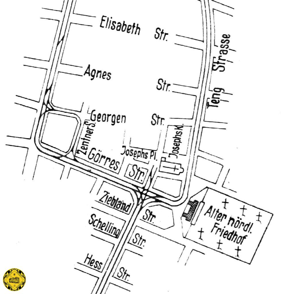 Am 5.8.1907 kommt ein Hinterstellgleis in der Verlängerung der Augustenstraße zur Adelheitstraße zwischen Görresstraße und Josephsplatz vor der Kirche mit einer Länge von 193 m dazu.
