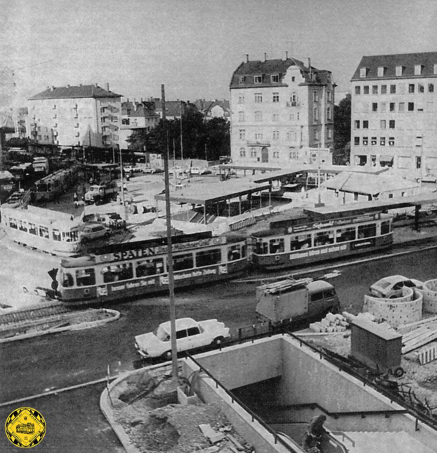 Im Jahr 1975 war der Harras eine einzige große Baustelle: der Trambahnverkehr war teilweise nur mit Unterbrechungen möglich.