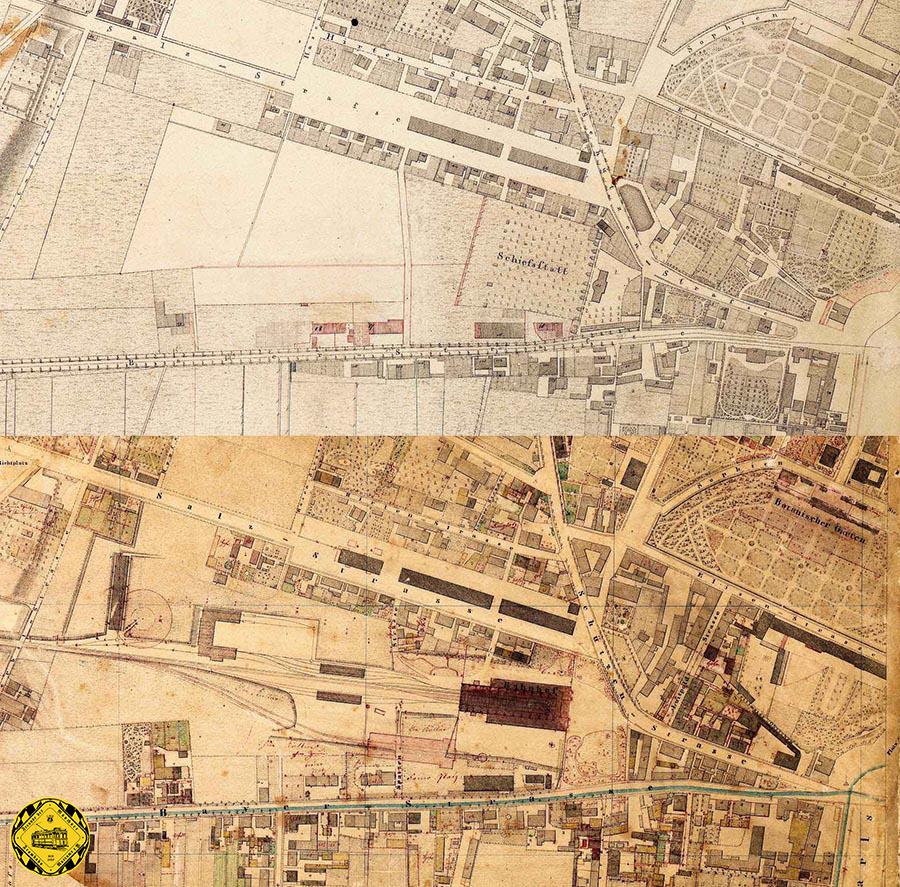 Im Februar 1847 wird die Verlängerung der Eisenbahn bis zum heutigen Bahnhofsplatz beschlossen. Der Vergleich der beiden topografischen Karten zeigt den Zustand vor und nach der Errichtung des neuen Hauptbahnhofs. Auf der Salzstraße, der späteren Arnulfstraße kann man die alten Salzstadel sehen. 