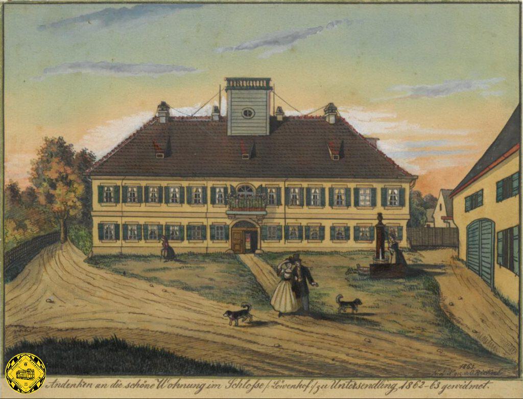 1856 wurde das einstige Schloss am Löwenhof (heute etwa Plinganserstraße 38-42) an der Gabelung der Landstraßen von München nach Wolfratshausen und Weilheim abgerissen, einen Rest erwarb der Gastwirt Robert Harras und errichtete dort ein Café mit Gartenwirtschaft, das "Zum Harras" hieß und sich als beliebter Ausflugsort für die Münchner etablierte. Die kolorierte Postkarte ist von 1862.