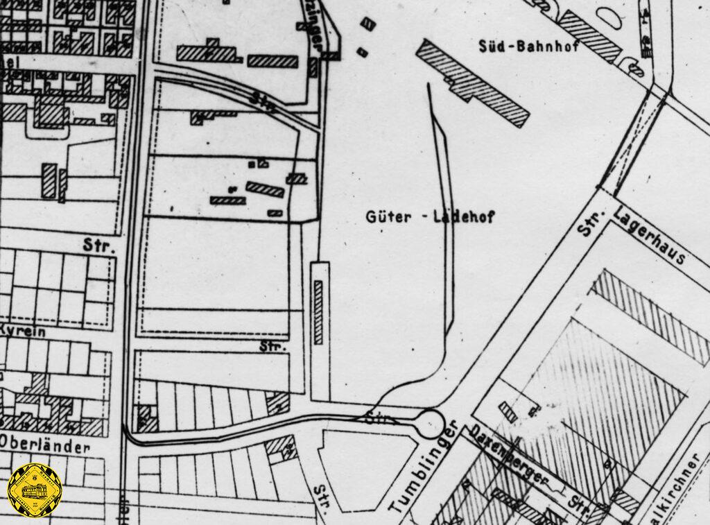 Im Jahr 1914 gab es eine weitere Aufgabe für diese Schleife: es wurden ein Lazarettnot-Anschlußgleis zum Südbahnhof von der Großmarkthalle hier gebaut mit einer provisorische Umladestelle von Kriegsverletzten von der Staatsbahn zur Trambahn. Die Verletzten des 1.Weltkrieges wurden dann zum Hilfslazarett "E" in der Schule an der Implerstraße gebracht, das gleich um die Ecke nach der Schleife in der Implerstraße gelegen war. Dieses Lazarettnotanschlußgleis zum Südbahnhof wurde aufgelassen weil Verwundetentransport mit der Trambahn wegen des Waffenstillstands von Compiegne am 11.11.1918 eingestellt wurden.