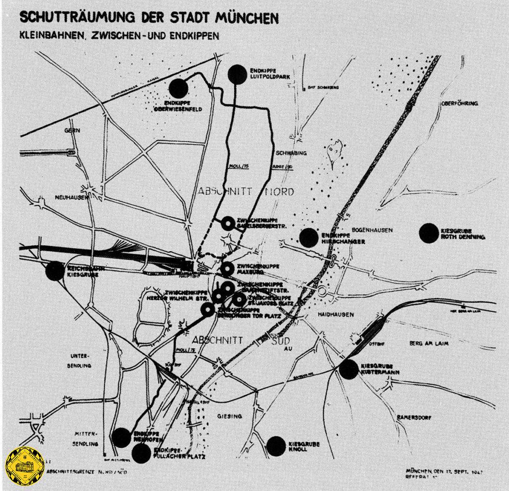Die ganze Stadt war damals von Schuttbahnen durchzogen. Die schmalspurigen Strecken hatten festgelegte Schutt-Sammelstellen und die voll beladenen Züge fuhren dann zu den Schuttbergen am Scheidplatz, Oberwiesenfeld und Neuhofen. In den letzten Kriegsmonaten gab es auch Personentransporte auf diesem Schienennetz.
