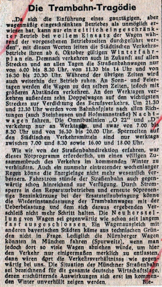 Kommentar aus der Süddeutschen Zeitung vom 7.November 1947 zur Situation des Trambahnbetriebs in München