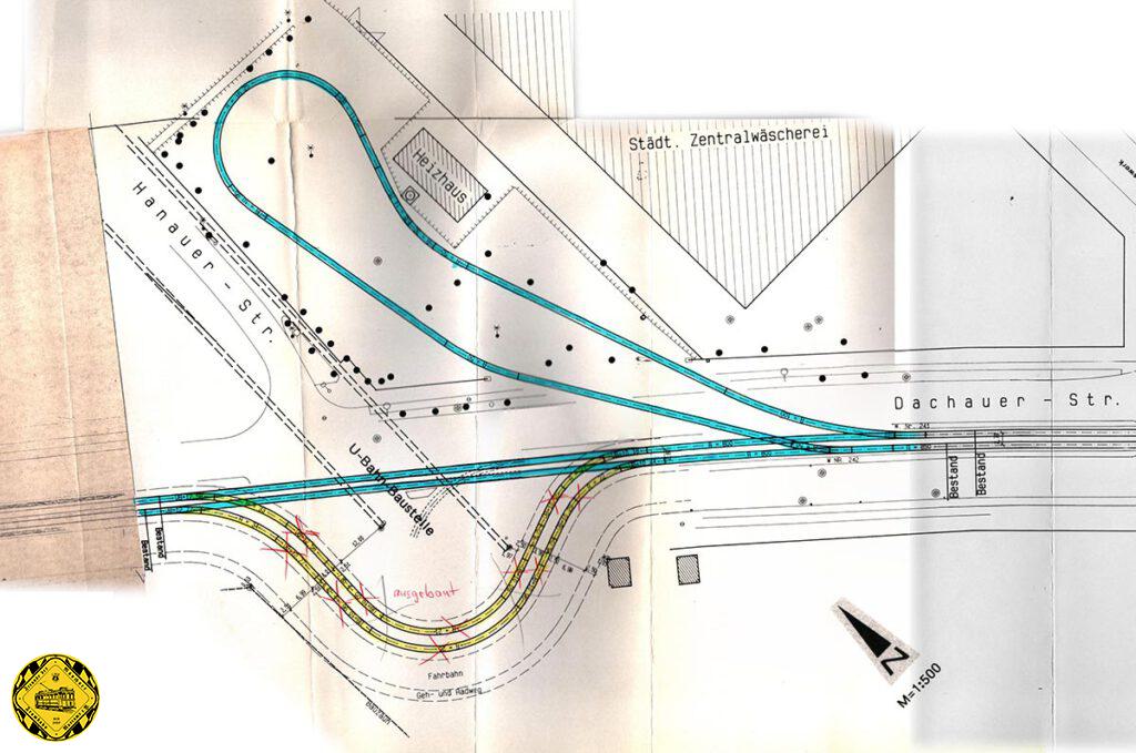 Als Ersatz für die Schleife an der Orpheusstraße während des U-Bahnbaus für die Linie U1 wurde in der Bauzeit vom 17.5.1993 - 28.10.1993 an der Hanauer Straße/östliche Dachauer Str. eine Ersatzschleife eingerichtet. Sie wurde am 9.5.1998 wieder aufgelassen. Ende April 1999 wurden dann die Gleise entfernt.