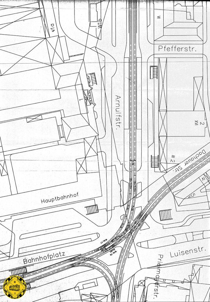 Gleisplan aus dem Jahr 1996 mit der neuen Abzweigung in die Arnulfstraße