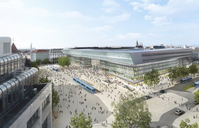 Das neue Empfangsgebäude des Hauptbahnhofs und der künftig dreigleisige Vorplatz (Bild: DB Station&Service AG / Architekten Auer Weber Assoziierte)