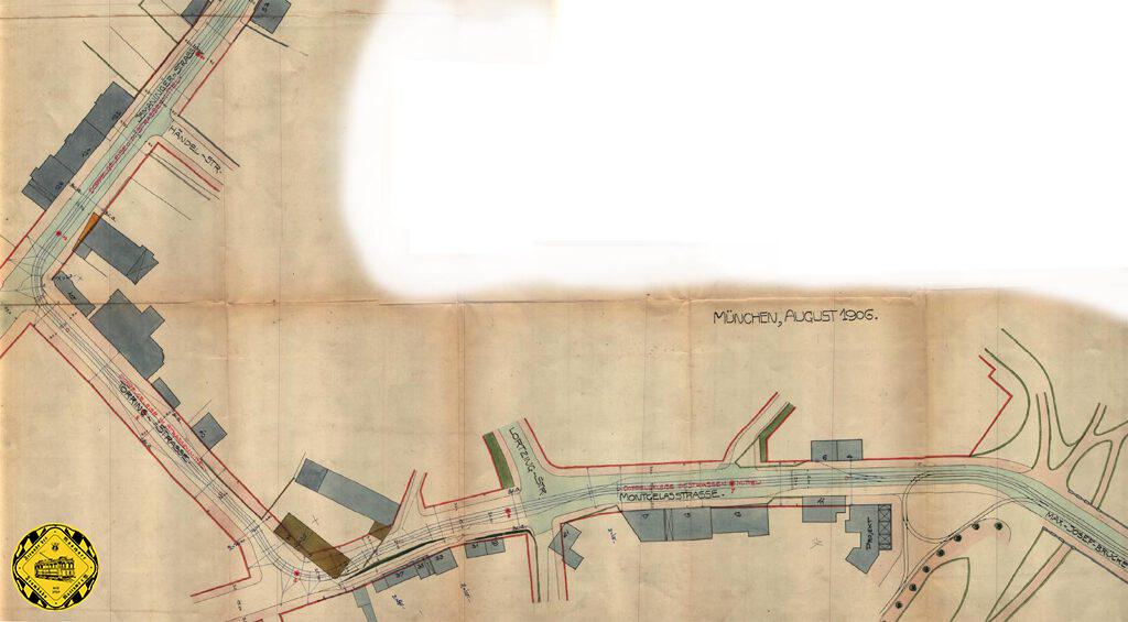 Die Planung 1905 hatte eine neue Idee: ein Schleifenschluß über die Törringstraße zwischen Ismaningerstraße und Montgelasstraße. 1905 konnte man unter großzügiger Vernachlässigung des Autoverkehrs planen. Das sieht man der großzügigen Platzschleife mitten auf der Kreuzung der Montgelasstraße an der Baumkirchnerstraße. Das sind aber alles Planungen, am 17.Mai 1907 geht die Isarparallele erst bis zur Baumkirchnerstraße ohne Schleife in Betrieb.