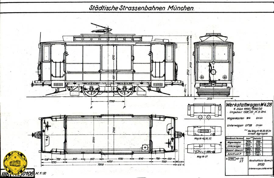 1928/29 wurden aus den z 1.22-Beiwagen 353 - 362 (1921 aus den Z 1.22-Triebwagen mit gleicher Nr. umgebaut) die zehn Werkstattwagen W 4.28 Nr. 49 - 58 umgebaut und dabei wieder mit Motoren versehen.