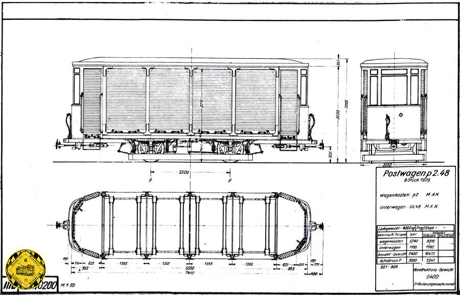 In dieser Bauskizze kann man den Unterschied zu den Posttrambahn-Triebwagen gut erkennen: die Beiwagen hatten nur 4 Rolladen für 4 Paketwagen. 
