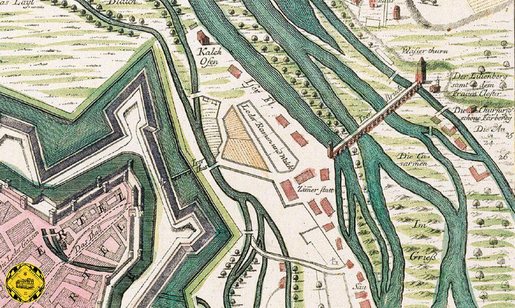 München und die Isar im Jahr 1742: das Isartor und die damalige Isarbrücke.