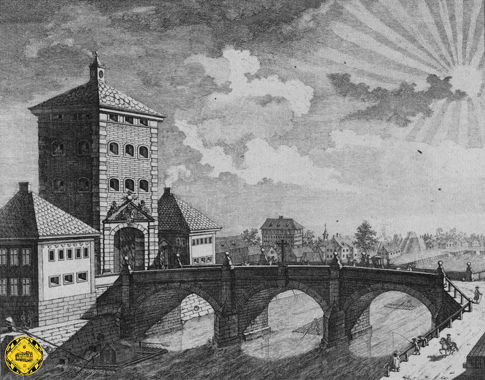 Das rote Tor am Westende der Ludwigsbrücke im Jahr 1775.