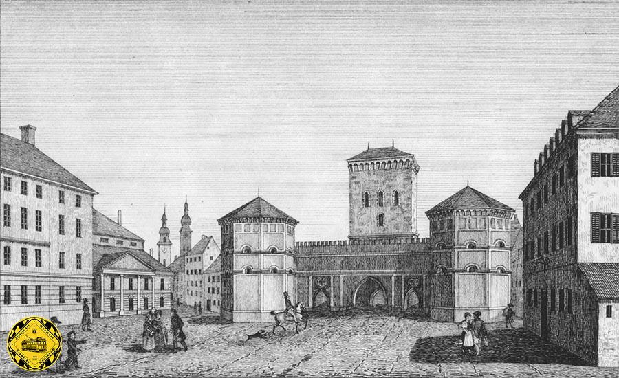 Das Isartor ist das östlichste Tor der alten Münchner Stadtbefestigung. Im Bild von 1836 ist München schon deutlich aus seinen damaligen Stadtmauern geplatzt.