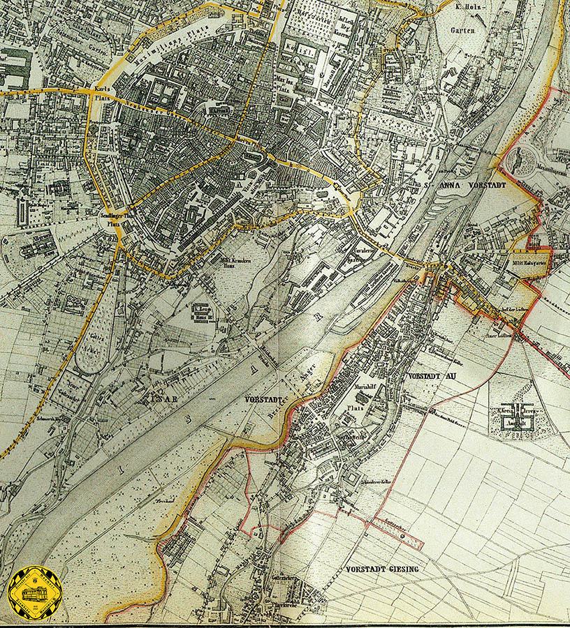 Der Stadtplan von 1859 zeigt das Dorf Giesing ganz unten außerhalb des Burgfriedens von München. 