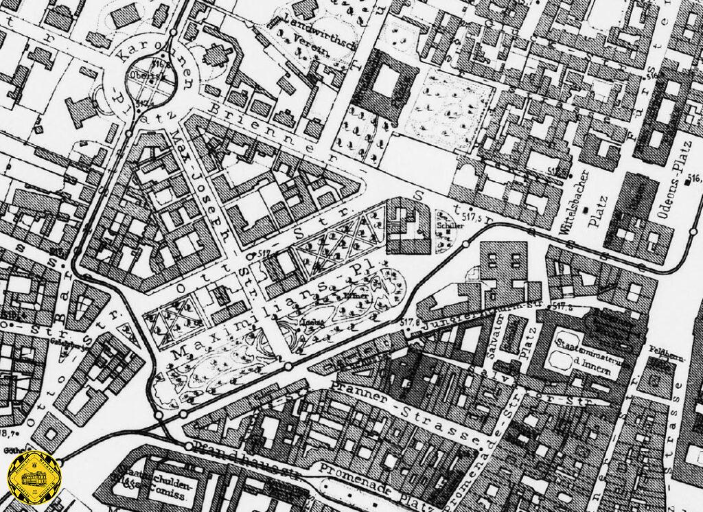 Ein Blick weit zurück in die Streckenplanung Ende des 19. Jahrhunderts: Im Plan von 1891 gibt es zwei Trambahn-Strecken in den Münchner Norden nach Schwabing: Die Strecke der Linie 3 durch die Ludwig- und Leopoldstraße zur Nikolaistraße/Burgfrieden und die Pferdetrambahn Linie VII (Linienfarbe: Gelb) über den Karolinenplatz ab dem 01.12.1882 bis 31.07.1890 als Linie 7 von der Schelling- bzw. Adalbertstraße kommend auf dem Weg zum Promenadeplatz.