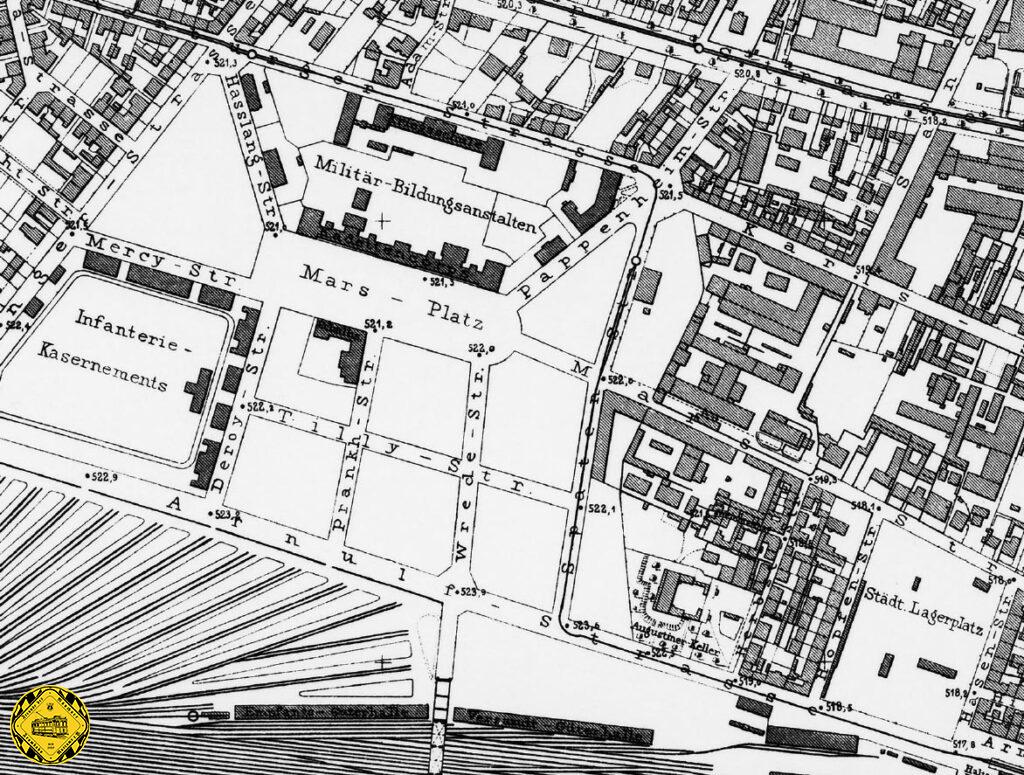 Am 1.11.1890 geht die Dampftrambahn-Strecke vom Hauptbahnhof durch die Arnulfstraße zur Spatenstraße (der heutigen Zirkus-Krone-Straße) und weiter über die Blutenburgstraße und Schlörstraße bis zur Donnersbergerstraße in Betrieb als eingleisige Strecke. In diesem Abschnitt gab es Ausweichen in der Spatenstraße, Maillingerstraße und vor bzw. hinter Bahnübergang an der Landshuter Allee.
Bereits am 15.7.1900 wird diese Strecke aufgelassen und stillgelegt und bereits ab 17.Juli 1900 die Gleise dieser Strecke entfernt.