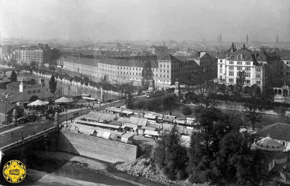 Unsere Bilder von 1905 bzw. 1910 zeigen das Leben auf der Ludwigsbrücke: damals fand die Dult noch auf der Kohleninsel statt. Der Plan von 1900, den Hauptbahnhof auf die Kohleninsel zu verlegen, war gerade abgelehnt worden.