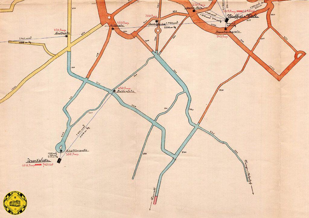 Es gibt eine sehr schöne Karte vom Münchner Trambahnnetz im Jahr 1910, das für damalige Zeiten sehr gut graphisch umgesetzt die Stromversorgung der Münchner Trambahn mit Kraftwerken und Unterstationen sowie Speisepunkten und gleichzeitig den Stromverbrauch der einzelnen Strecken dokumentiert. Die Karte wurde angefertigt, da es damals auf vielen Strecken bei starkem Betrieb zu Spannungsabsenkungen kam, dass sich Schaffner beschwerten, dass sie wegen des dunkler werdenden Beleuchtung im Wagen die Fahrkarten nicht gut lesen konnten. Als Resultat dieser Karte wurden dann zusätzliche Unterwerke eingerichtet, zum Beispiel eines am Max-Weber-Platz und Maxmonument, direkt gespeist vom Muffatwerk, das damals für die Hälfte der Strecken den Strombedarf deckte.