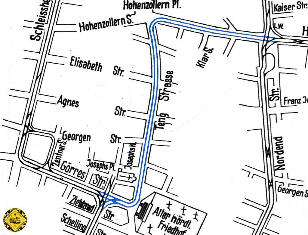 Am 6.1.1911 kam die erste Trambahn über die Tengstraße zum Hohenzollernplatz, die Verlängerung der Linie von der Augustenstraße. Diese Strecke weiter zum Hohenzollernplatz wurde vom 21.9.1910 bis 24.12.1910 gebaut. 