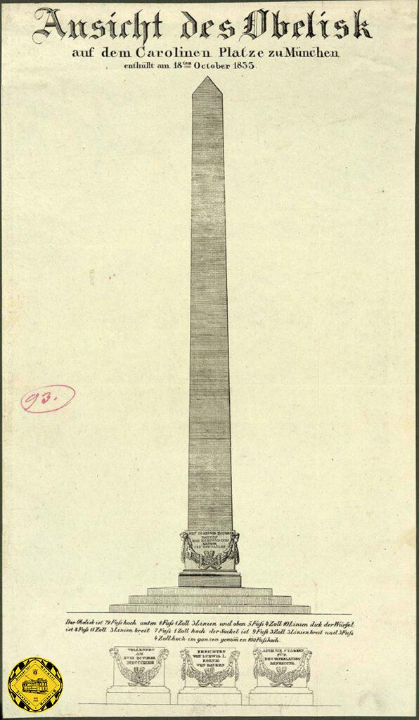 Bei uns ist für jeden was dabei: für die Modellbauer, die diesen Obelisk nachbauen wollen, hier die genauen Maße von damals: eine bayerische  Linie  = 10 Skrupel  =  2,91859206  mm, 10 Linien = 1 Zoll, 10 Zoll = 1 Fuß.