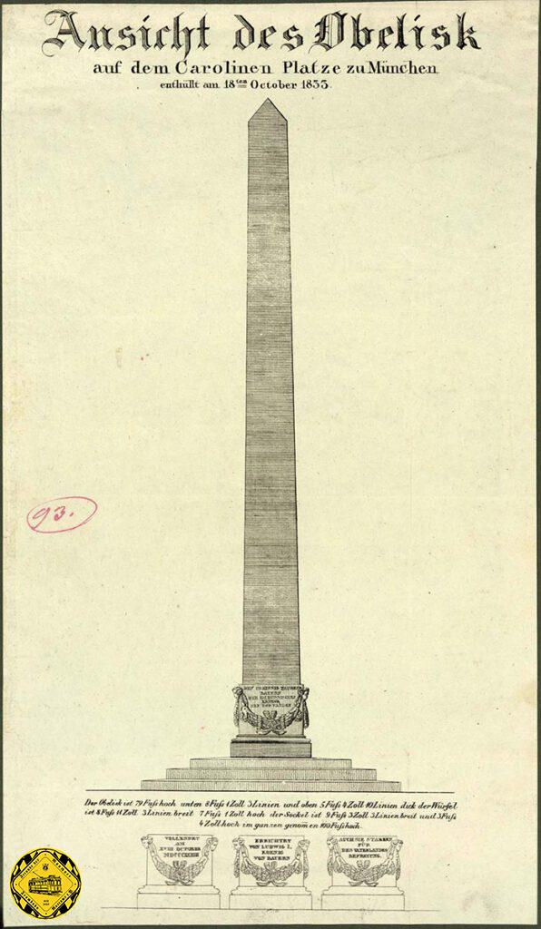 Bei uns ist für jeden was dabei: für die Modellbauer, die diesen Obelisk nachbauen wollen, hier die genauen Maße von damals: eine bayerische Linie = 10 Skrupel = 2,91859206 mm, 10 Linien = 1 Zoll, 10 Zoll = 1 Fuß.