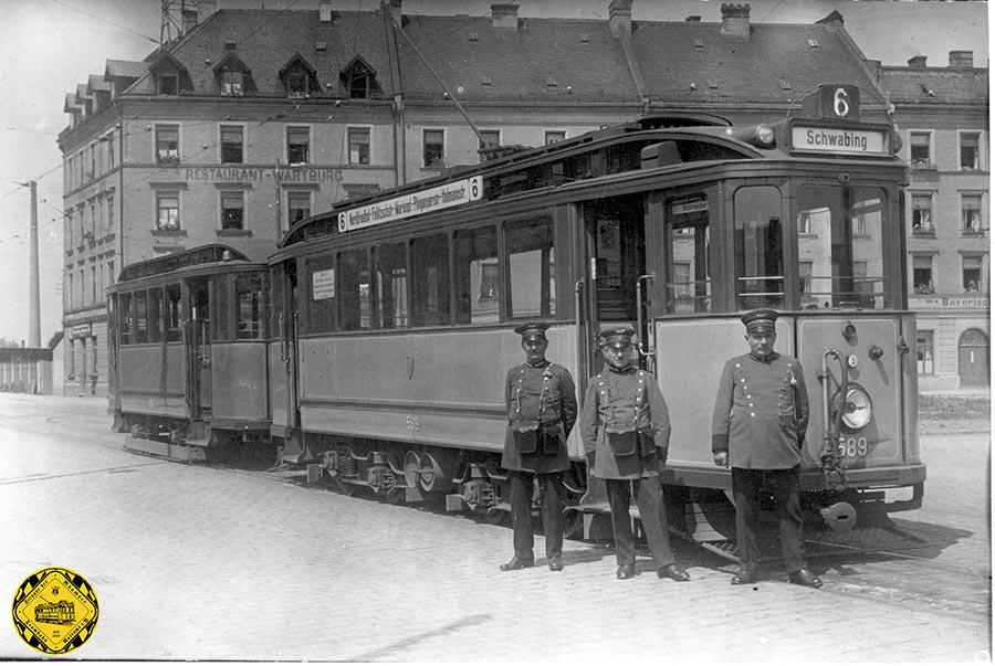 Ein Wagen von der Linie 6 mit E-Tw 589 + e-Bw an der Endhaltestelle Hofmannstraße im Jahr 1926