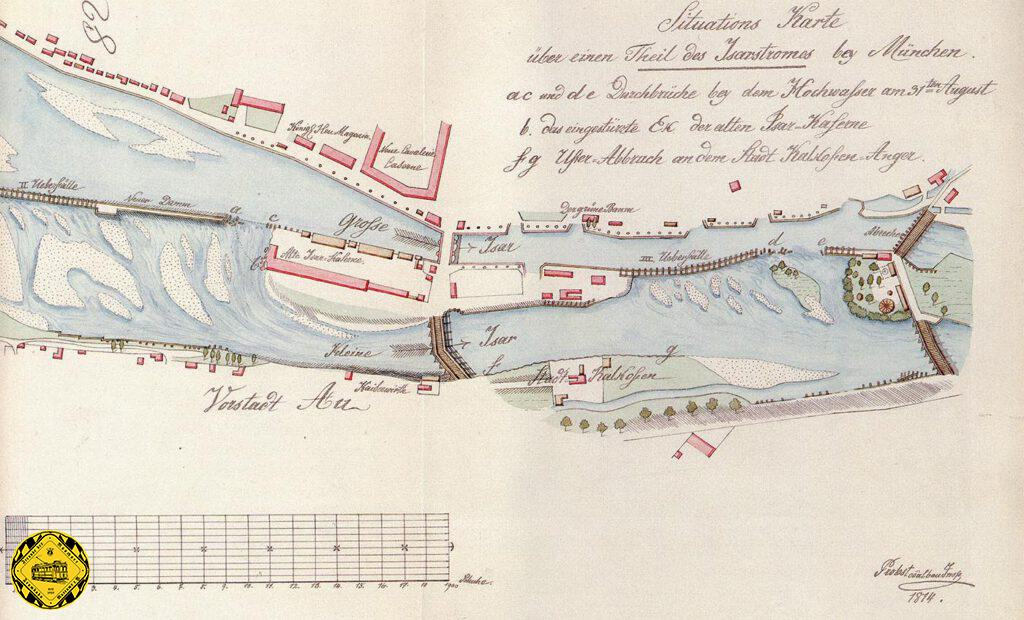 Nach dem großen Hochwasser begann ein eifriger Wettbewerb um den Bau der neuen Ludwigsbrücke über die Isar.