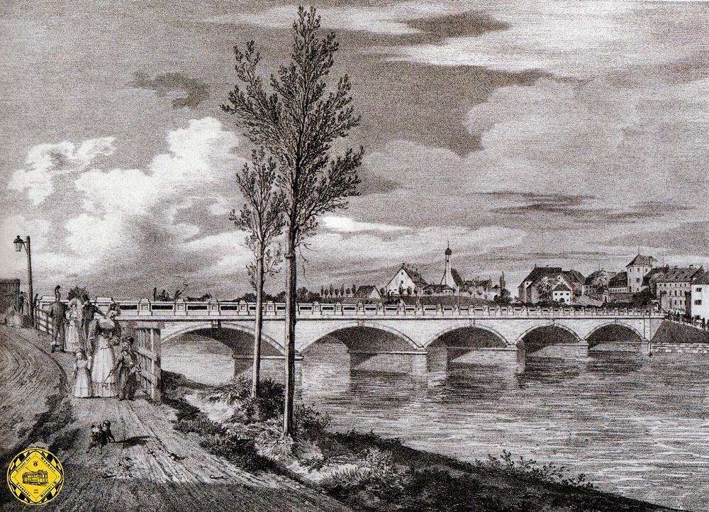 Das Bild aus dem Jahr 1835 zeigt die fertige steinerne Ludwigsbrücke