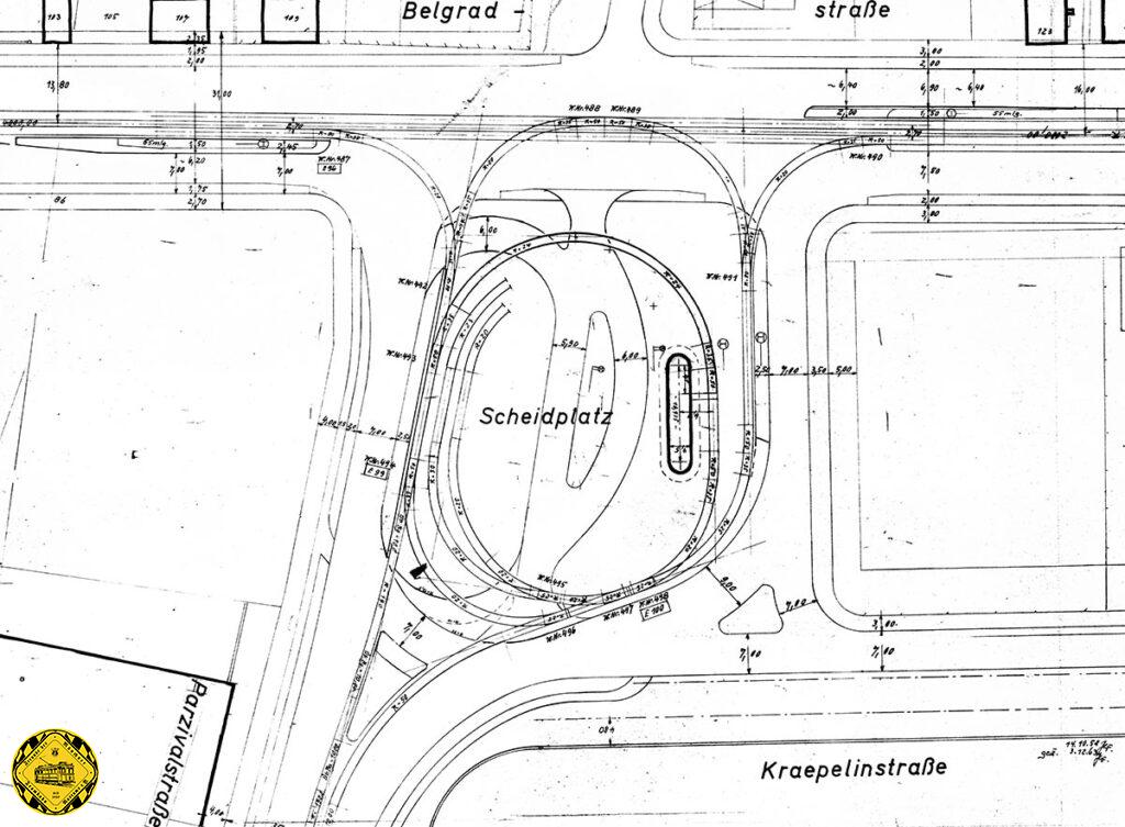 Der Neubau der Schleife auf dem Scheidplatz im Gleisplan: eine doppelte Schleife bringt genügend Kapazität für die Hauptverkehrszeit und die zwei Hinterstellgleise bieten weitere Reserven an: die kommenden 60er-Jahre und der maximale Ausbau des Trambahnnetzes der Münchner Trambahn werfen ihre Schatten voraus. Der Kölner Platz verliert seine verkehrstechnische Bedeutung. 