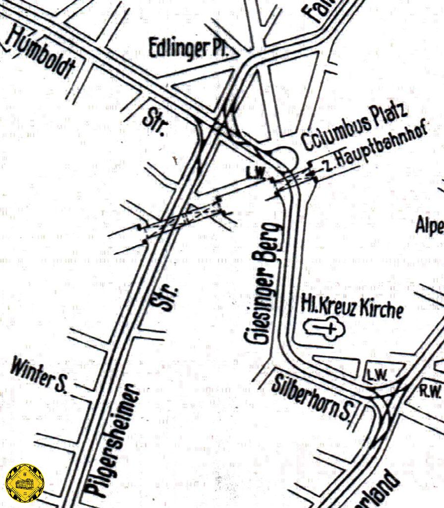 Der Gleisplan der Stadt München zeigt dann den Stand von 1920:  umfangreiche Abbiegemöglichkeiten an der Kreuzung Pilgersheimerstraße und Humboldtsraße beim Verkehr zum Kolumbusplatz.