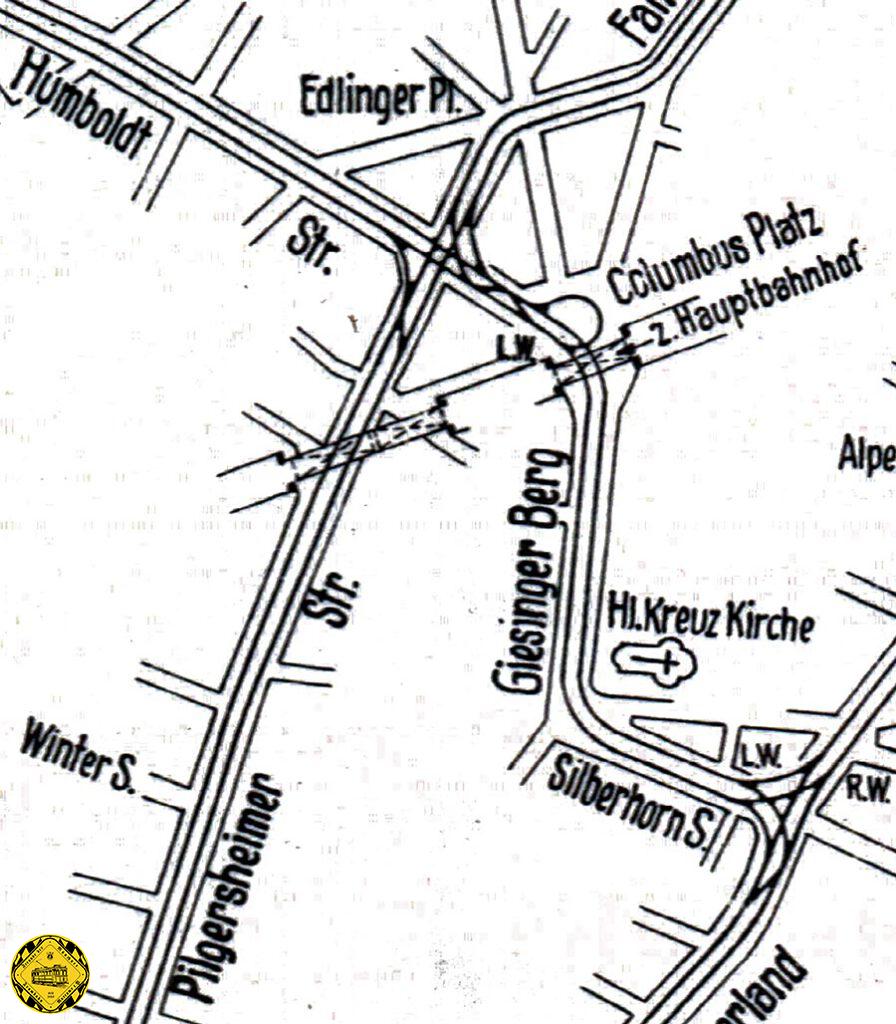 Der Gleisplan der Stadt München zeigt dann den Stand von 1920: umfangreiche Abbiegemöglichkeiten an der Kreuzung Pilgersheimerstraße und Humboldtsraße beim Verkehr zum Kolumbusplatz.