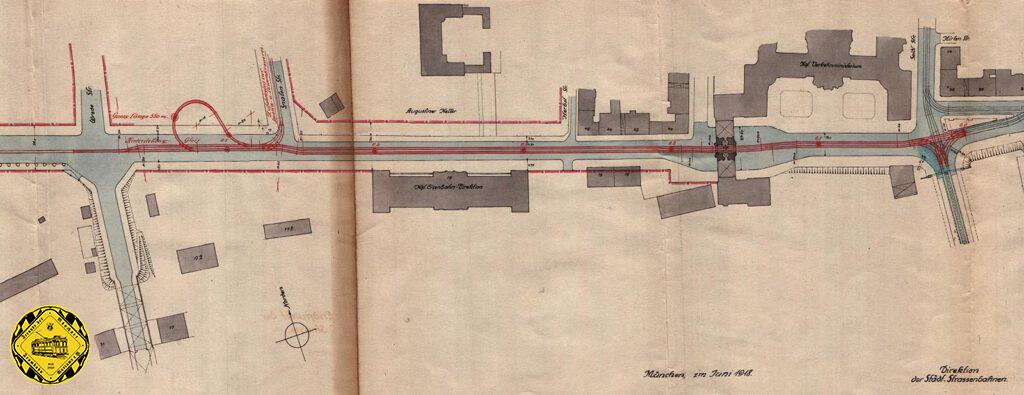 Nächste Planung vom 24.Juni 1918 ist eine Schleife hinter der Spatenstraße noch vor der Hackerbrücke (eröffnet 1894) auf dem Gelände der späteren Oberpostdirektion, die dann allerdings 1924 fast zeitgleich mit der Paketpostamt erbaut wurde. Leckerbissen: eine eingleisige Weiterführung zum Güterbahnhof mit Verladestation im Westen. Auch dieser Plan wurde verworfen.