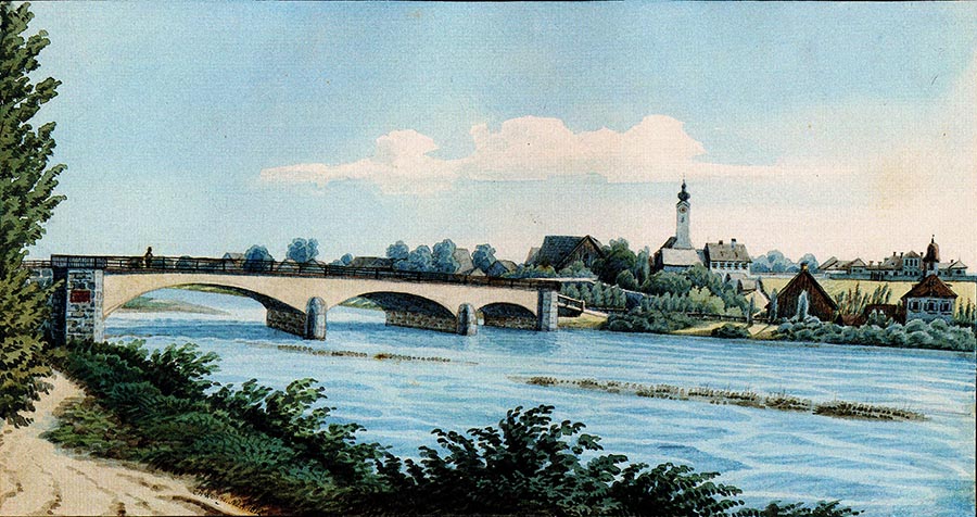 Das Gemälde von 1812 zeigt die neue  Bogenhausener Brücke.