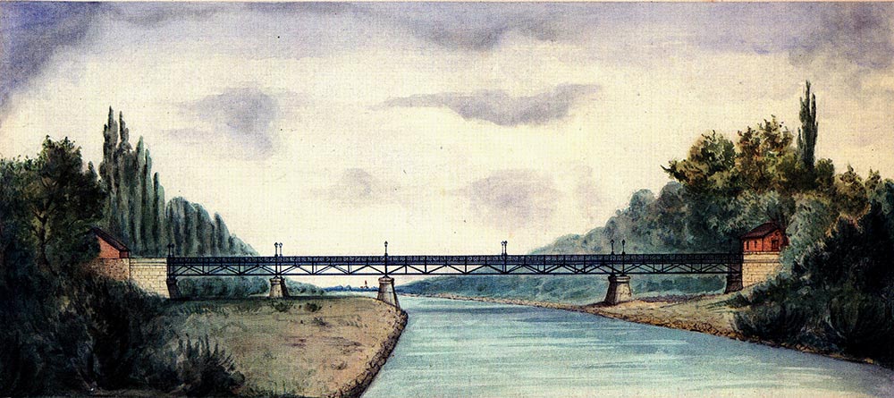 Doch auch diese Konstruktion machte an den beiden weichen Ufern Schwierigkeiten. 1876 entsteht eine Eisenfachwerkbrücke, gebaut von der Süddeutschen Brückenbaugesellschaft unter Heinrich Gerber auf den noch vorhandenen Pfeilern
des Vorgängerbaus.
