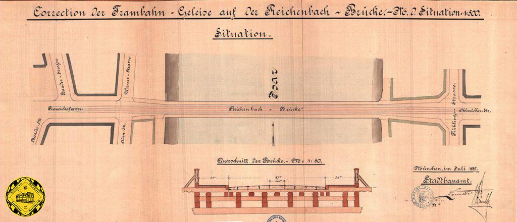 Blick auf die Reichenbachbrücke im Jahr 1900 mit der gerade fertiggestellten St. Maximilians Kirche
