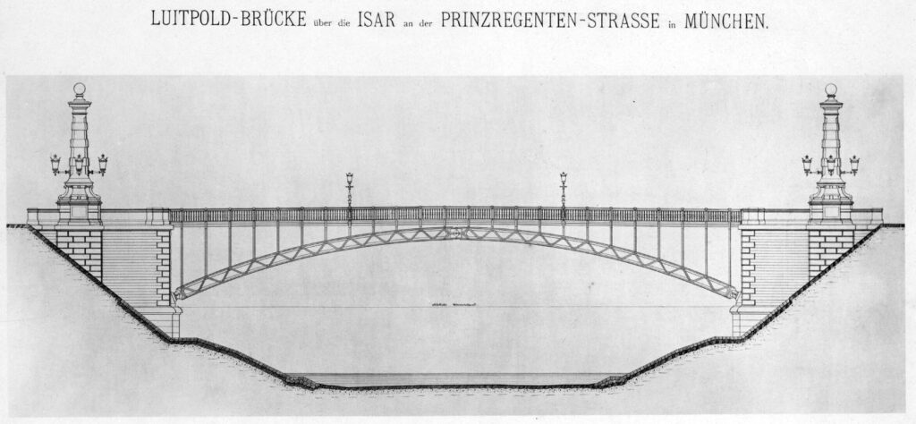 Ein Winterbild aus dem Jahr 1891 von der Baustelle der Brücke. Ein Hilfsgerüst wird errichtet, um die neuartige Konstruktion darauf auszubauen. Man kann schon die ersten Konturen der zu bauenden Brücke erahnen.