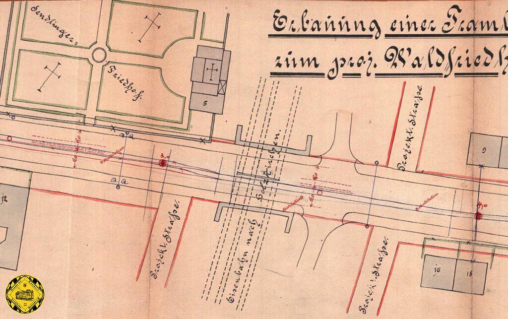 Der erste Plan vom 2.Februar 1902 zu der geplanten Trambahn-Strecke vom Harras zum Waldfriedhof, damals Endpunkt Holzapfelkreuth nach dem dort gelegenen Bauernhof, zeigt den vorläufig geplanten eingleisige Ausbau dieser Strecke mit der Benutzung der Unterführung an der heutigen Albert-Roßhaupter-Straße, damals noch die Forstenriederstraße.