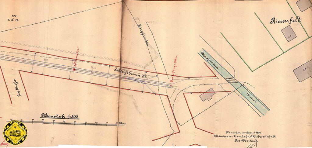 Im März 1902, in der allgemeinen Euphorie, mit der elektrischen Trambahn jetzt überall ohne Probleme hinzukommen, plante man verschiedene Überlandstrecken in die umliegenden gemeinden wie Pasing, Moosach, Freimann, Perlach, Grünwald und eben auch nach Milbertshofen. Da man ausschließlich Zweirichtungs-Triebwagen einsetzte auf diesen wenig genutzten Strecken, konnte man es bei einem einfachen Gleisende mit Weichen bewenden lassen. So war es auch hier, außerden war der Biedersteiner Kanal im Weg.