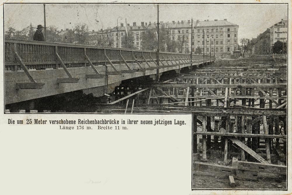 Solche Ereignisse waren ein guter Grund, Ansichtskarten von diesem Ereignis zu drucken. Daher ist auch diese Brückenbaustelle so gut dokumentiert. Blick von der Au in die Fraunhoferstraße.