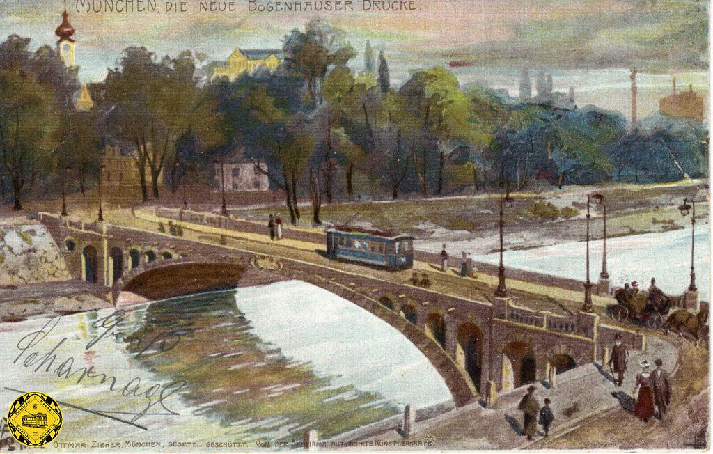 Ab dem 17.05.1907
konnte die Trambahn auf der Max-Josephs-Brücke (Bogenhauser Brücke) zur Endhaltestelle & Hinterstellgleis an der Mauerkirchner Straße fahren. 